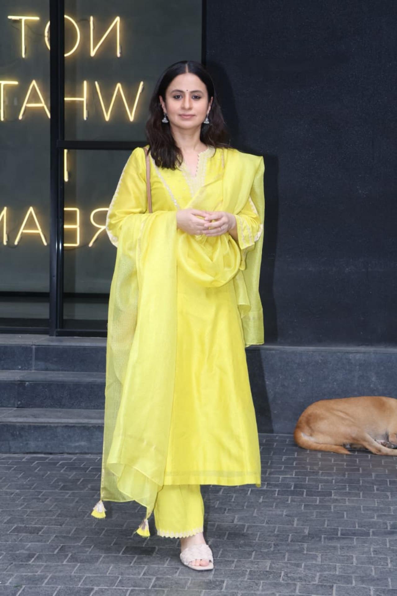 Actress Rasika Dugal was seen at the Muhrat Pooja of 'Mirzapur the Film' at Excel Entertainment office in Bandra today. She looked radiant in a yellow traditional outfit.